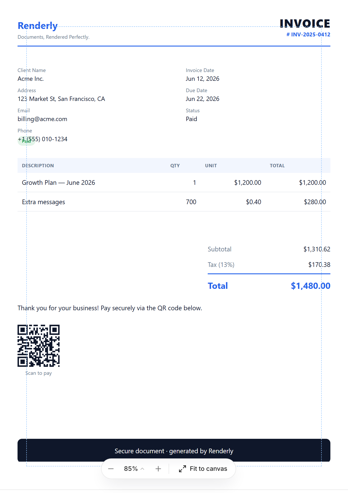 The generated invoice as a verifiable PDF