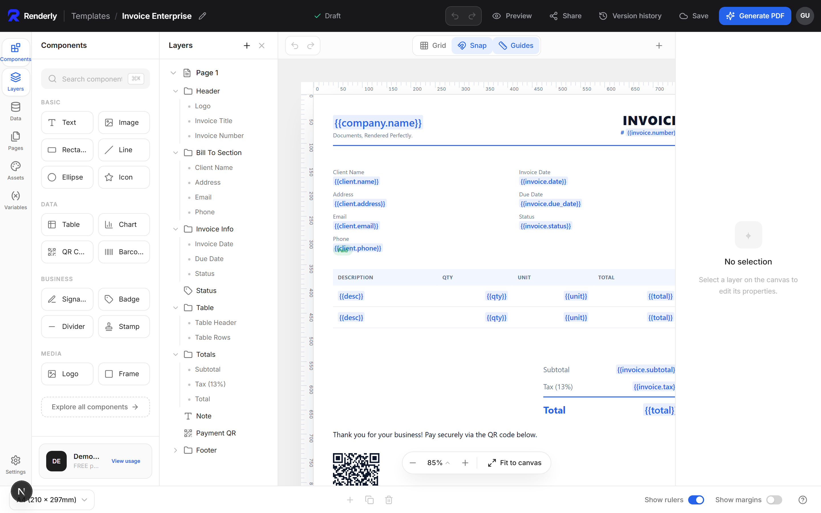 The Renderly visual editor — blocks, layers and a live invoice on the canvas